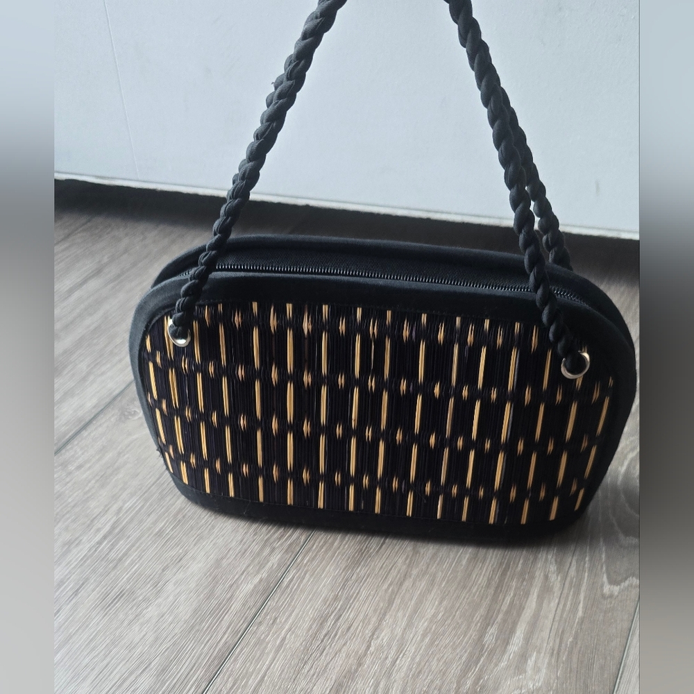Woven Straw Clutch Boho Bag Black Tan Bamboo Style Summer Beach Purse - Picture 8 of 8